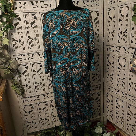 ELEMENTZ EXCELLENT TURQUOISE BLUE & TAN/BROWN SWIRL DESIGN MID SLEEVE MIDI DRESS - Picture 6 of 10